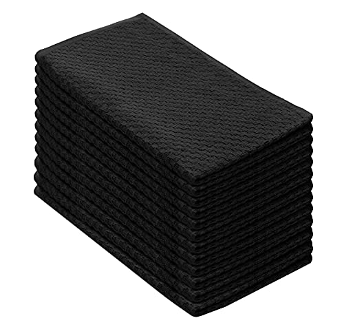 COTTON CRAFT Amazing Kitchen Towels - Set of 12 Terry Towels - 100% Cotton Euro Café Waffle Weave Dish Towel Set - Soft Absorbent Quick Dry Low Lint Reusable Pantry Bar Cleaning Cloth - 16x28 - Black