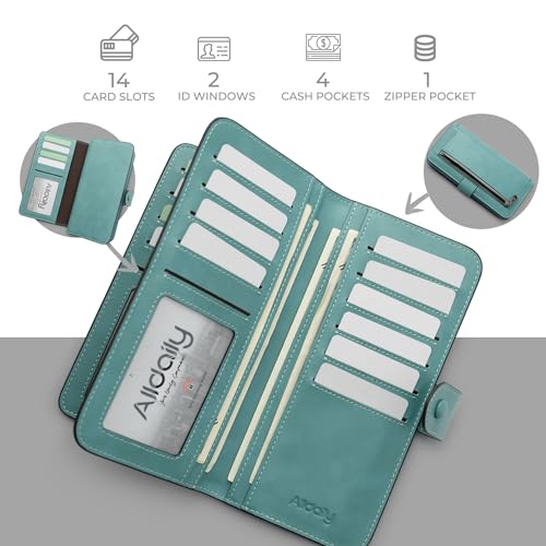 RFID Blocking Leather Wallet for Women, Slim Trifold with 14 Card Slots and Zipper Pocket (Purist Blue)2