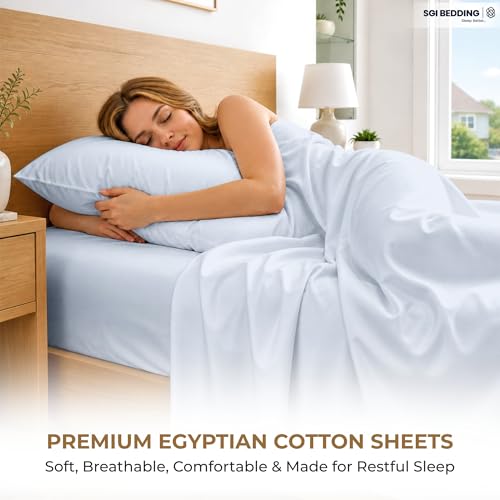 Image of SGI bedding 100% Egyptian Cotton Sheets Queen Size - 600 Thread Count Sheets Set, Soft, Cooling, 15 inch Deep Pocket, Luxury Hotel Bedding, Breathable, Durable - Light Blue