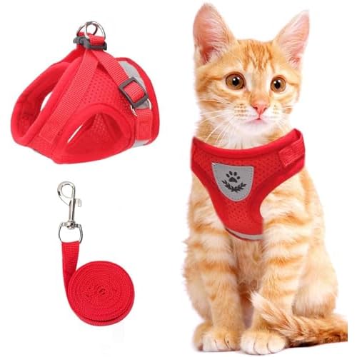 Cat Vest Harness and Small Dog Vest Harness for Walking, All Weather Mesh Harness, Cat Vest Harness with Reflective Strap, Step in Adjustable Harness for Small Cats (Red, XS)