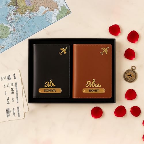 Image of ncgifts Personalised Passport Cover for Couple | Set of 2 PU Leather Customised Passport Holder with Name & 80+ | Charms Premium Gift Box | Anniversary, Wedding, Honeymoon Gift | 6+ Colours
