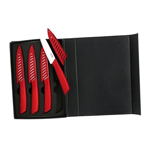 Melange 8-Piece Ceramic Steak Knife Set with Metallic Red Handle and White Blade