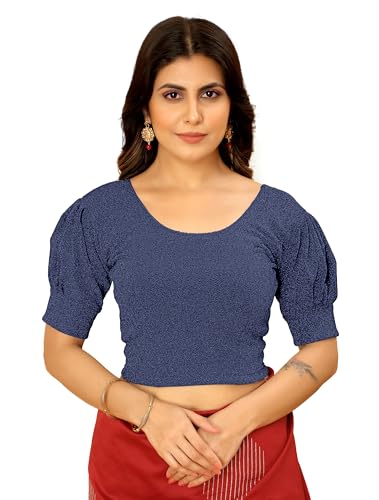 Image of Amazon Brand - Anarva Women's Readymade Shining Lycra Stretchable Round Neck Half Sleeve Blouses