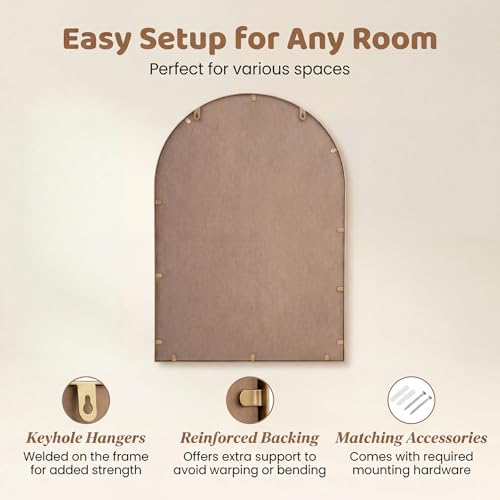 CHARMAID Gold Arched Wall Mirror with Beaded Frame, 36\"x24\" Decorative Vanity Mirror for Bathroom, Bedroom, Living Room, Entryway, Antique Accent Wall Mounted Mirror Decor