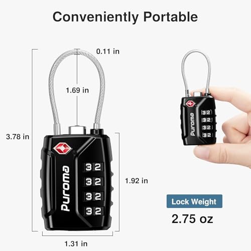 Image of Puroma TSA Approved Luggage Lock, 4 Digit Combination Travel Locks Resettable Code Lock with Zinc Alloy Body for Suitcase, Toolbox, Backpack, Bag, Gym Locker, Basic Black, secure