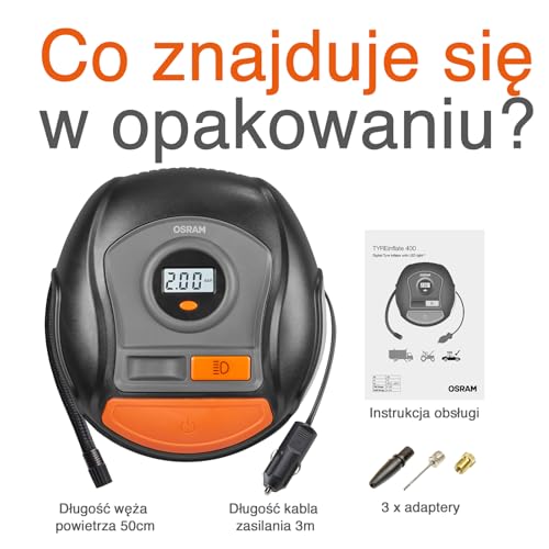 OSRAM TYREinflate 400, cyfrowa pompka do opon, kabel zasilający z nakręcaniem, podłączenie zasilania przez gniazdo samochodowe 12 V, pompowanie opon w 3,5 minuty