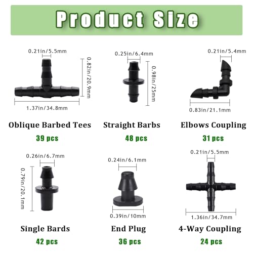 Ruibapa 220Pcs Barbed Connectors Irrigation Fittings Kit,Irrigation Connector for 1/4\" Tubing Garden Lawn Irrigation,End Plug,Barbs,Straight Barbs,Single Barbs,4-Way Coupling,Tees