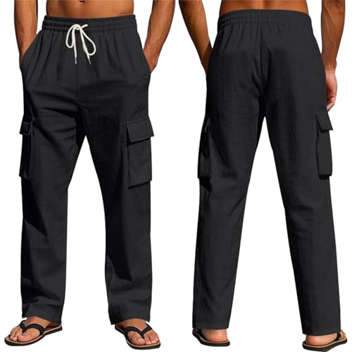 Hawyet Linen Cargo Pants for Men, Loose Fit Drawstring Waist Beach Yoga Casual Trousers, Summer Relaxed Fit Lounge Pants