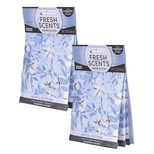 Fresh Scents Scented Sachets | White Cotton |Home Fragrance | Long Lasting (Up to 6 Months) | Air Freshener for Closets, Drawers, & Cars | 6 Pack