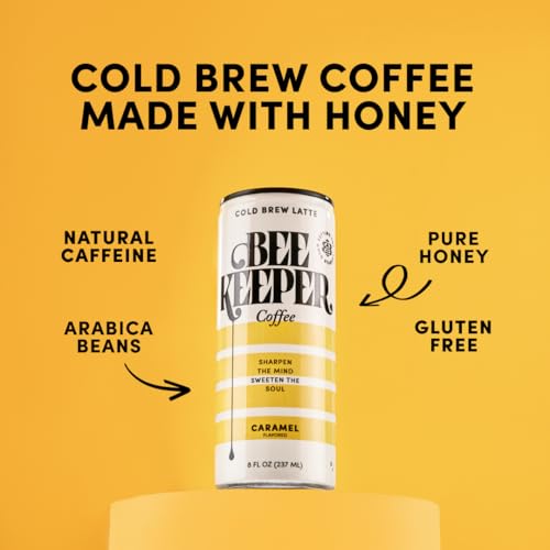 Image of Beekeeper Caramel Cold Brew Coffee Drinks with Oregon Honey | 12 Pack Refreshing Iced Coffee - Unsweetened & Strong Arabica Brew, 8 fl oz Ready-to-Drink Can - 180mg Natural Caffeine