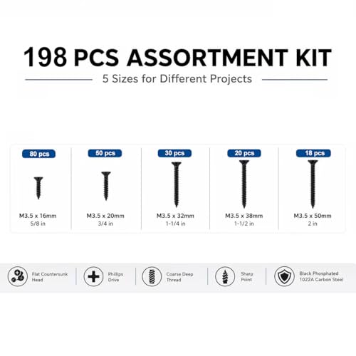 Kit de 198 tornillos negros fosfatados, surtido de múltiples tamaños para bricolaje, muebles, gabinetes, estantes, carpintería, mejora del hogar y proyectos de reparación miniatura 4