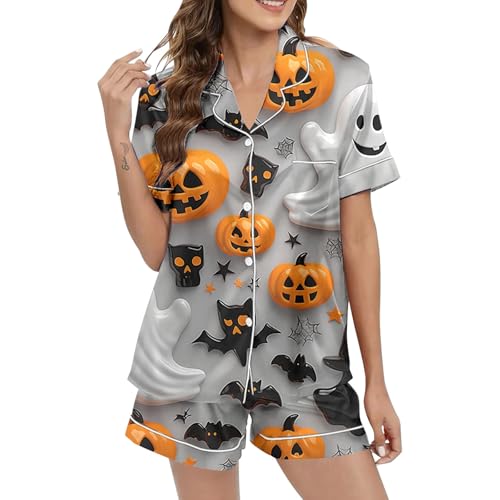 Disfraz de Halloween 2025 para mujer, conjunto de pijama de manga corta con estampado de Halloween para uso cómodo en el hogar, ropa de descanso elegante para la temporada de otoño para mujeres