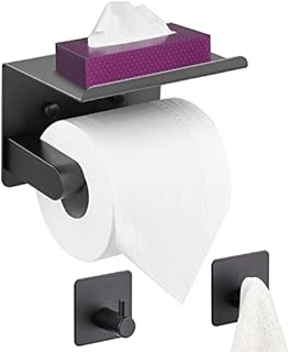 Nineaccy Black Toilet Roll Holder with Shelf, Toilet Roll Holder Self Adhesive with 2 Towel Hooks, Toilet Roll Holder Wall Mounted for Kitchen & Bathroom, No Drilling Required, Strong Stickiness