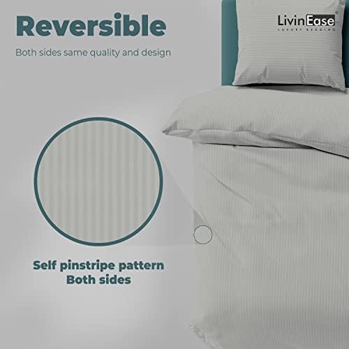LivinEase Grey King Size Duvet Cover With 2 Pillow Cases  Satin Pinstripes Luxury 300 Threads Premium Hotel Quality Grey King Size Bedding REVERSIBLE Cotton Rich Grey Duvet Cover (Grey, King)