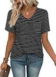 WIHOLL Woman Short Sleeve Tshirts Casual Summer Clothes Black and White Striped L