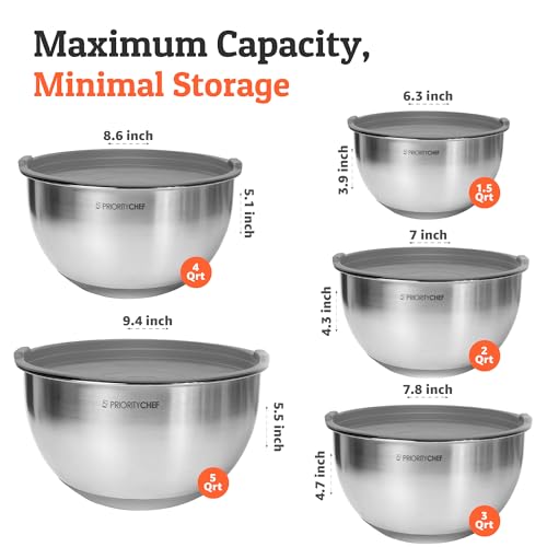 Priority Chef Premium Mixing Bowls With Airtight Lids Set, Thicker Stainless Steel Mixing Bowl Set, Large Prep Metal Bowls with Lids, Nesting Bowls for Kitchen, 1.5/2/3/4/5 Qrt, Grey by Priority Chef - Image 3