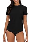 QOMEWA Rashguard for Women UPF 50+ Black Short Sleeve Swim Shirts Lightweight Swimsuit Top UV Sun Protection Bathing Suit Top