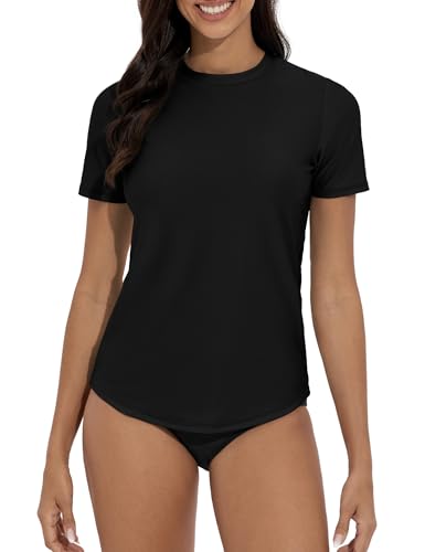 QOMEWA Womens Swim Shirts UPF 50+ Short Sleeve Rash Guard Shirts Quick Dry Lightweight Workout Swim Top Tee Shirts Black
