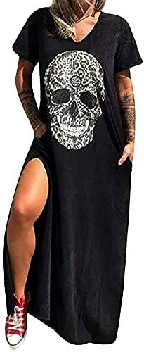 EGSDMNVSQ Robes D'été surdimensionnées pour Femmes Robe d'été imprimé tête de Mort Florale Maxi Robe sans Manches T-Shirt Robe Longue Robe de Bal Robe de soirée Cover