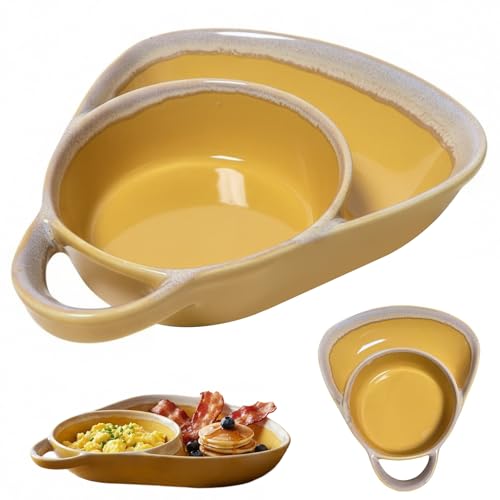 1 pieza de cuencos para sopa y sándwich combinados con forma de abanico de cerámica, cuenco dividido resistente al calor con mango retro, juego de plato y cuenco fácil de limpiar para desayuno
