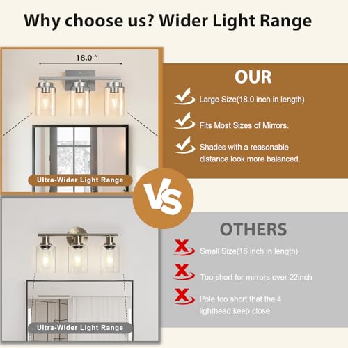 Image of IZORRO Bathroom Light Fixtures, Modern Vanity Lights, Bathroom Lighting Fixtures Over Mirror with Clear Glass Shade, Wall Sconce for Living Room Cabinet Bedroom (Brushed Nickel, 3-Light)