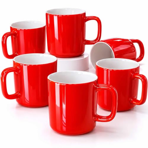 Image of AiXception Premium Bone China Coffee Mugs Set of 6, 16oz Large Luxury Tea Cups with Handles, Elegant Translucent Coffee Cups, Microwave & Dishwasher Safe, Gift Box Packed, Vibrant Red
