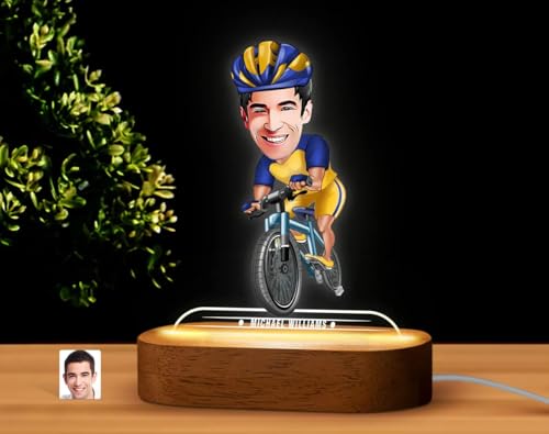 Image of THE GRANDEUR Caricature Gift for Men, Personalized Bicycle Cartoon LED Light Gift - Custom Cyclist Figurine with Wooden Stand, Unique Birthday Gift for Him, (15 x 6 cm)