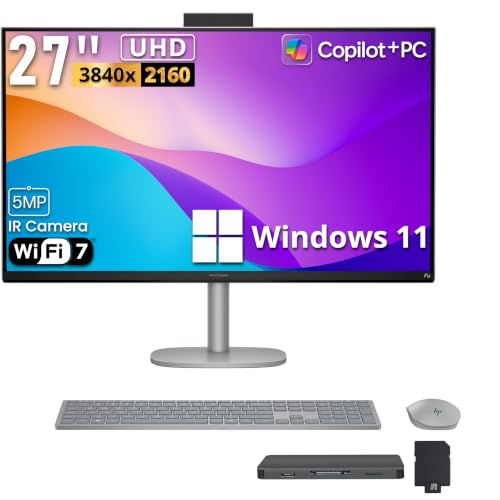 Image of HP OmniStudio X 27 inch 4K UHD All-in-One Desktop, Intel Ultra 7 256V, 16GB RAM, 5TB Storage(4TB SSD+1TB Docking Station), Intel Arc Graphics, Wireless Keyboard & Mouse, Adjustable Height, Win 11, Silver