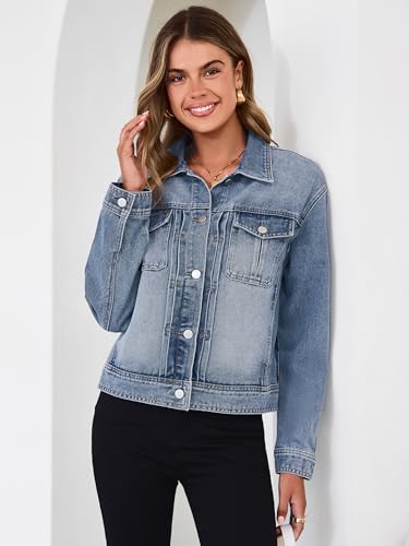 Image of Glamaker Womens Jean Jacket 2026 Casual Basic Trendy Button Down Long Sleeve denim Jacket Coat With Pockets