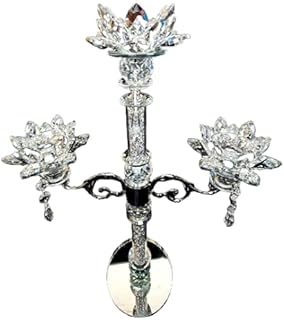 ProTech Crystal Candle Holder, Crushed Diamond Ornaments, 3 Arms Candelabras, Silver Ornaments, Dining Table Centre Piece, Sparkle Home Accessories, Glitter Candle Holder for Wedding, Mirror Base