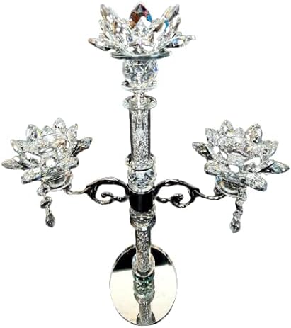 ProTech Crystal Candle Holder, Crushed Diamond Ornaments, 3 Arms Candelabras, Silver Ornaments, Dining Table Centre Piece, Sparkle Home Accessories, Glitter Candle Holder for Wedding, Mirror Base
