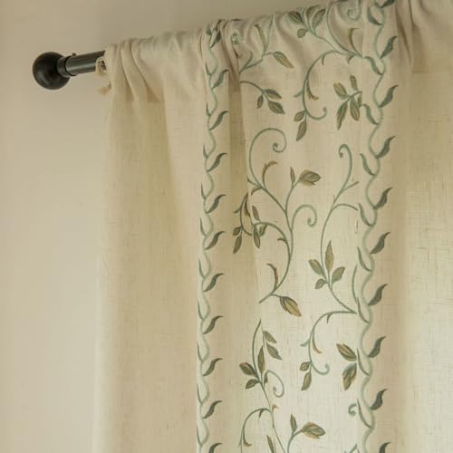 Rideaux salon semi occultants 140x244 lot de 2 avec broderies fleurs vertes