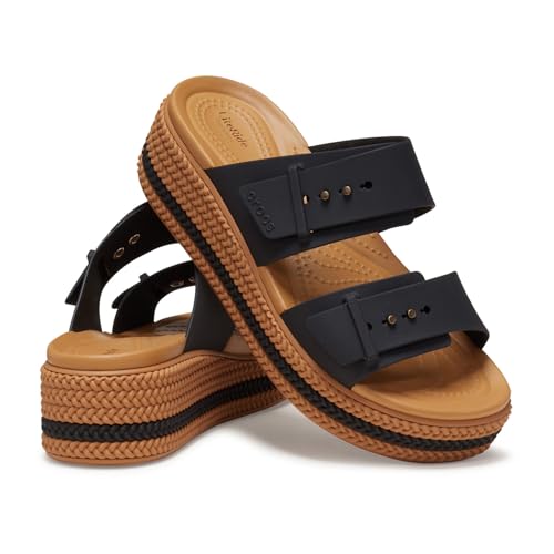 Image of Crocs Womens Brooklyn Buckle Low Wedge Black 9 Medium | Casual Sandals