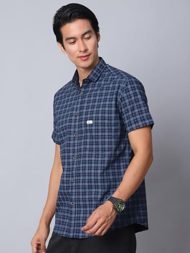 Image of Majestic Man Men Comfort Slim Fit Checked Pure Cotton Half Sleeve Casual Shirt