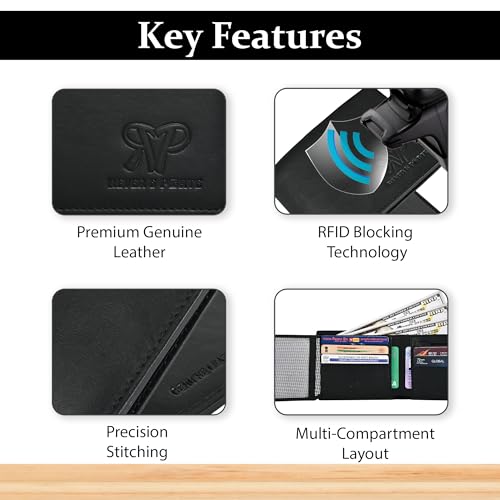Image of Genuine Leather Wallet for Men Black | RFID Blocking | Bi fold,Tri fold | Classic Slim,Stylish Mens Wallet with Multiple Card Slots,Coin Pocket & ID Window | Gift for Men