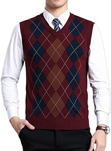 Zoroley Mens V Neck Sweater Vest Casual Sleeveless Knitted Pullover Business Slim Fit Knitwear Argyle Burgundy