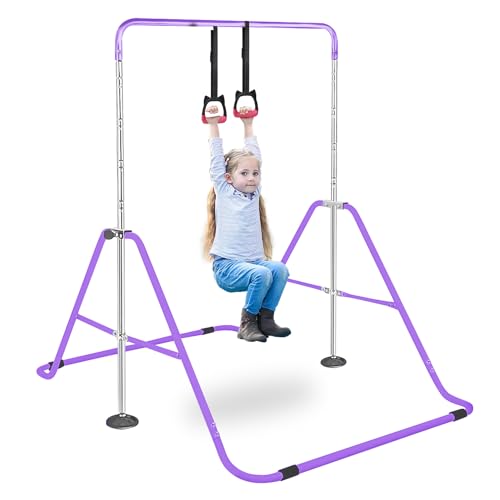Folding Gymnastics Bar With Rings, Folding Horizontal Bar, Adjustable Height Folding Horizontal Bar, Gymnastics Equipment for Home Garden, Expandable Gymnastics Training Bar for Kids Girls (Purple)