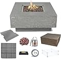 Elementi Manhattan Gas Fire Pit Bundle Concrete Fire Table, Outdoor Fire Pit Electronic Ignition | Canvas Cover, Lava Rock included | Free AMS Wind Guard & Table-top Firepit | Light Gray (Natural Gas)