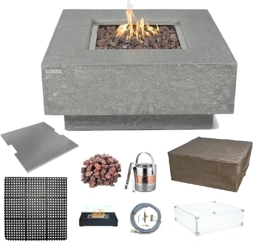 Elementi Manhattan Gas Fire Pit Bundle Concrete Fire Table, Outdoor Fire Pit Electronic Ignition | Canvas Cover, Lava Rock included | Free AMS Wind Guard & Table-top Firepit | Light Gray (Natural Gas)