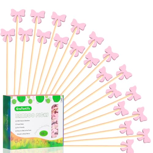 Pink Bow Decorations Cocktail Picks Pink Bows Theme Decor Toothpicks Fruit Cupcake Dessert Sticks Food Sandwich Skewers Appetizer Charcuterie Garnishing for Women Girls Birthday Themed Party Supplies