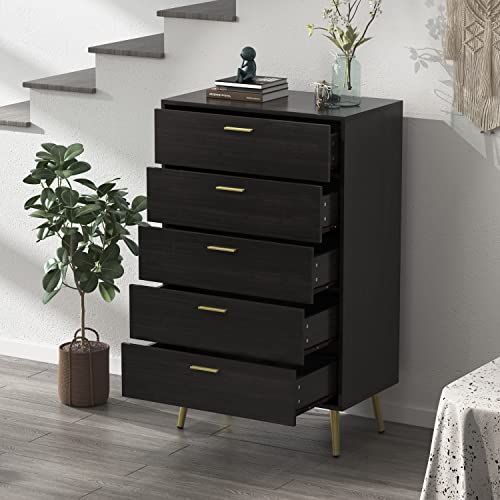 Agoteni 5 Drawer Dresser-Black Chest Of Drawers With Golden Handles,Contemporary Mid-Century Solid Wood Tall Dressers For Bedroom,Organizer Units For Living Room #TOP2