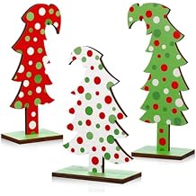 Meooeck 3 Pcs Lime Green Wood Christmas Tree Tabletop Bendable Christmas Tree Small Decor Farmhouse Standing with Rectangular Base for Home Office Tabletop DecorPolka Dot