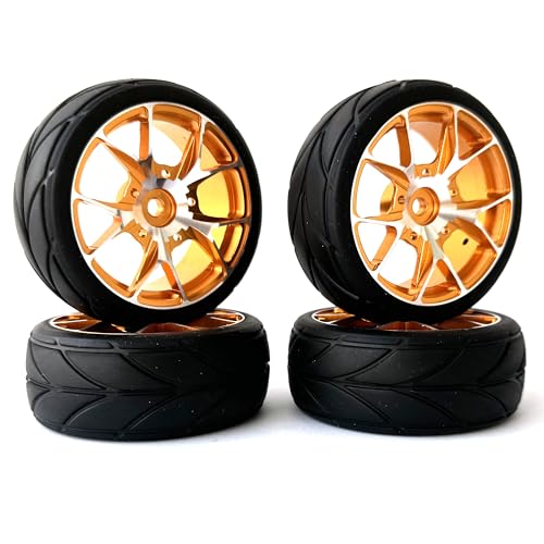 KINGCOO RC Auto Reifen und Räder Set, 4Stück 64mm Gummireifen und 7Y-Form Aluminium Legierung Metall Felgen Rad 12mm Hex für 1/10 RC On-Road Run-Flating Touring Racing Auto Reifen (5Y-Form Gold)