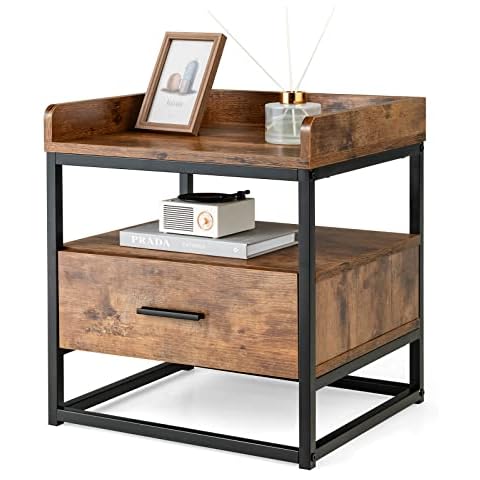 COSTWAY Beistelltisch 2 Ebenen, Sofatisch mit Metallgestell, Kaffeetisch mit Schublade thumbnail