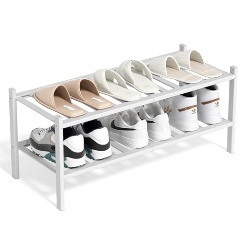 BAM BOO BOX Bambú Zapatero - 2 Niveles Zapatero Entrada Recibidor - 68 x 28 x 32 cm - Zapatero Estrecho - Zapateros - Zapatero Madera - Organizador Zapatos - Zapateros Estrechos y Altos (Blanco)