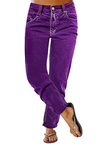 Flamingals Womens Straight Leg Pants Mid Waist Cropped Roll Hem Casual Pants with Pockets Purple L
