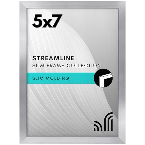 Americanflat 5x7 Picture Frame with Shatter-Resistant Glass - Streamline Collection - Thin Border Picture Frame for Tabletop and Wall Display - Hanging Hardware and Easel Stand Included - Silver
