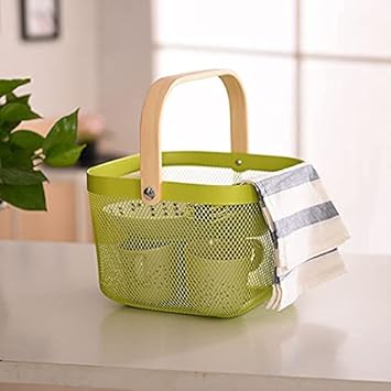Jukmen Multi-Purpose Mesh Metal Storage Organizer Basket, Metal Wire Hanging Shopping, Kitchen, Fruit Basket with Bamboo Handle Ideal for Kitchen, Bathroom, Pantry, Cabinet and Home (Multi)