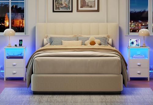 Image of Furologee LED Night Stand with Charging Station, White Nightstand with Fabric Drawers, Bedside Table with Storage Shelf, End Table for Living Room /Bedroom /Dorm