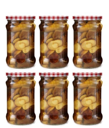 Image of Favola Essentials Round Lug Glass Jar, Check Pink Lid, 200 ml, Set of 6, Clear
